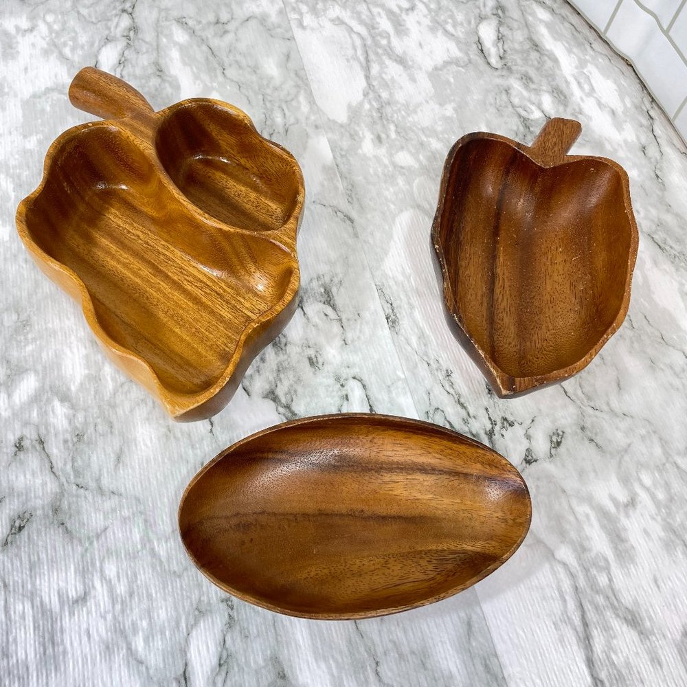 Vintage MCM 3 Piece Table Set of Monkey Pod Wood Bowls Acorn Hawaii Philippines
